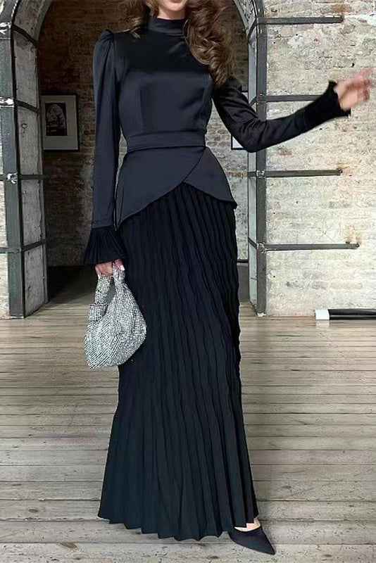 Color Block Splicing Slim Fit Lace-Up Long Sleeve Maxi Dress