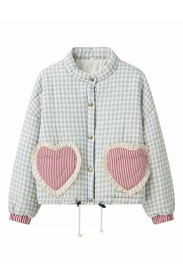 Chaqueta de bolsillo de corazón a cuadros rosa