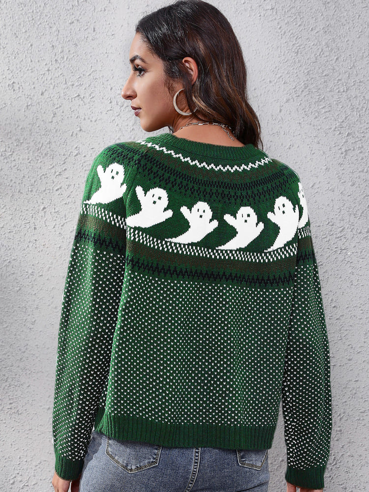 Literary Retro Ghost Pattern  Round Neck Knitted Sweater