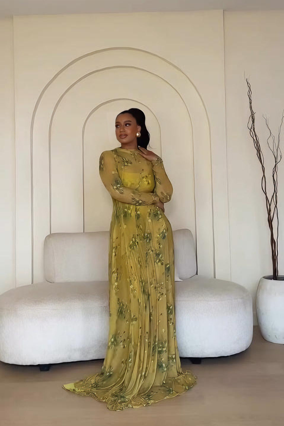 Lime-Green Floral Sheer Overlay Maxi Dress