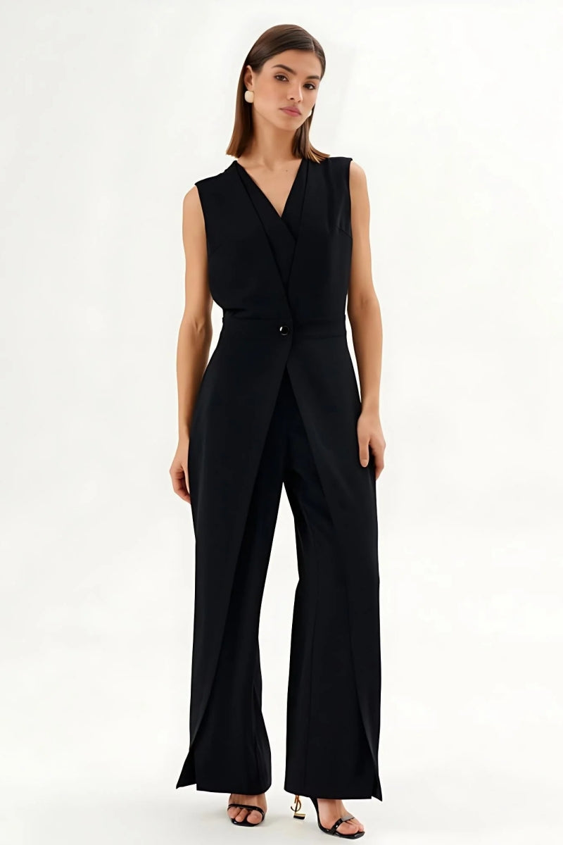 Black Sleeveless Wrap-Effect Wide-Leg Jumpsuit