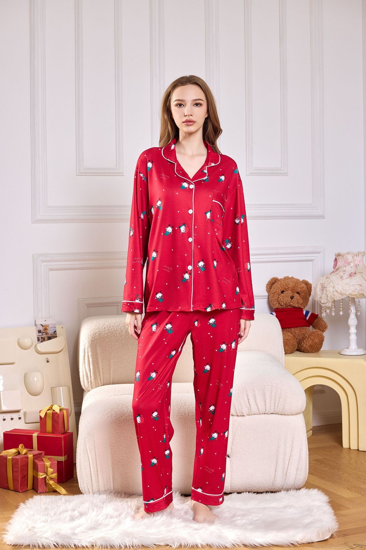 Conjunto de Pijama Largo de Satén con Estampado de Bastón de Caramelo Rosa