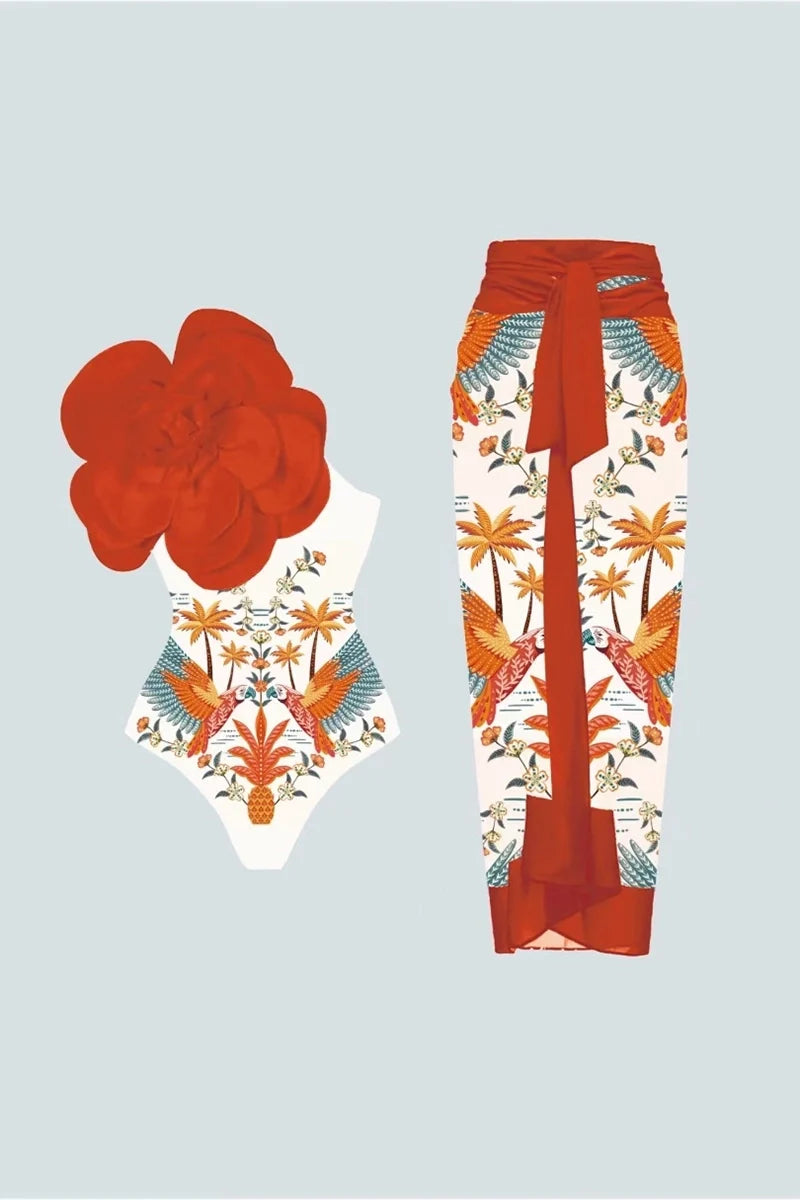 Floral Print One-Piece with 3D Flower Detail