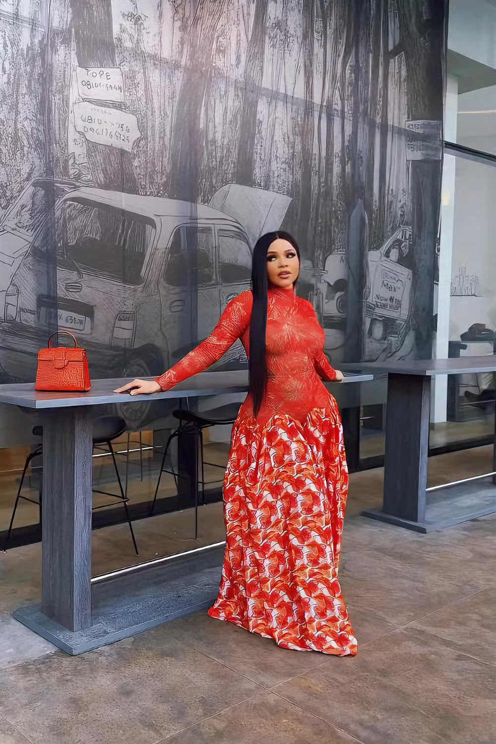 Vibrant Red Sheer Floral Maxi Dress