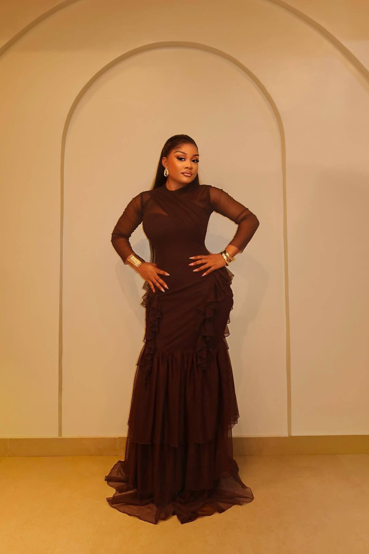 Sheer Mesh Long Sleeve Layered Ruffle Maxi Dress