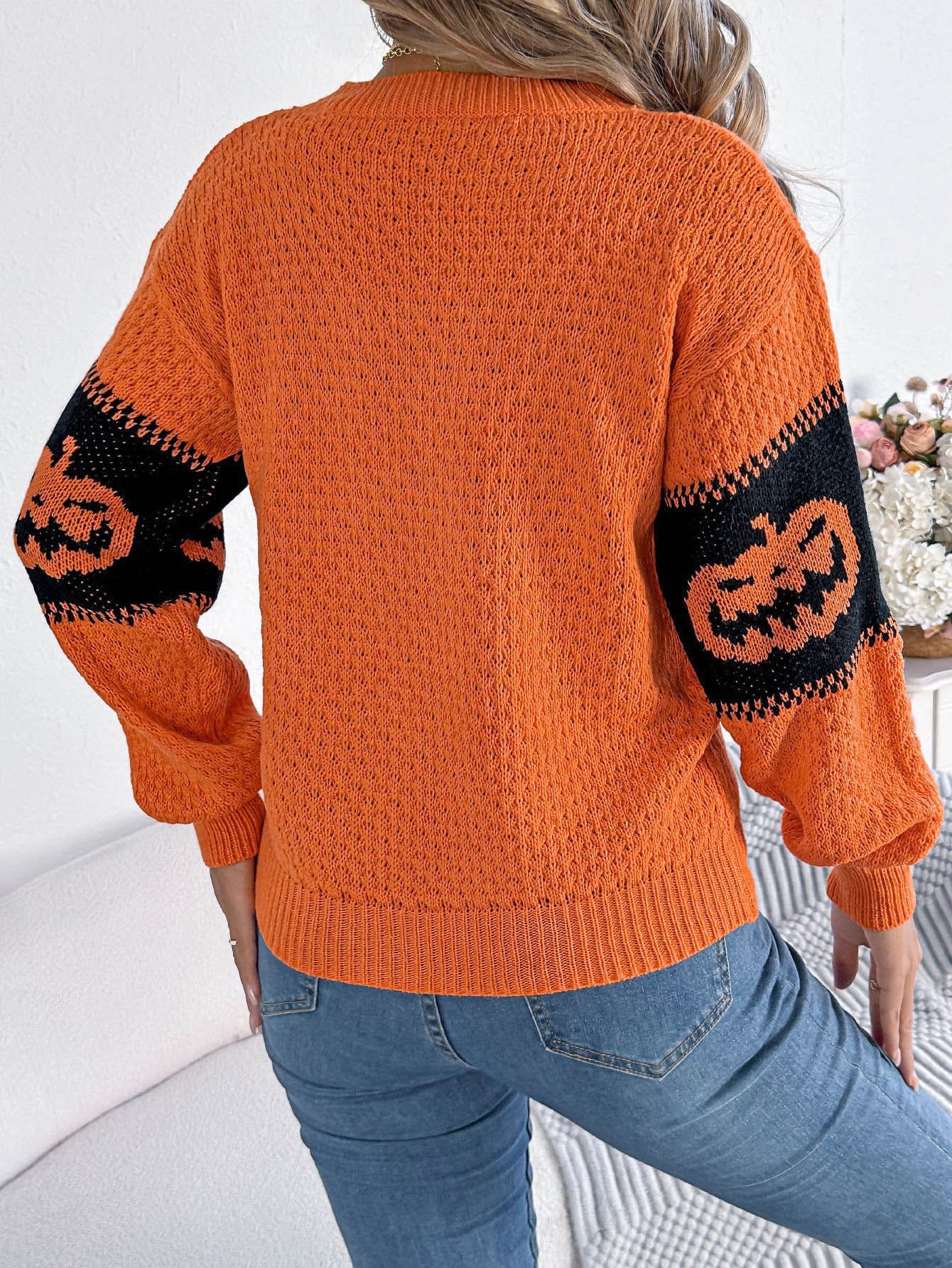 Halloween Pumpa Head Color-Block Crew Neck Stickad tröja