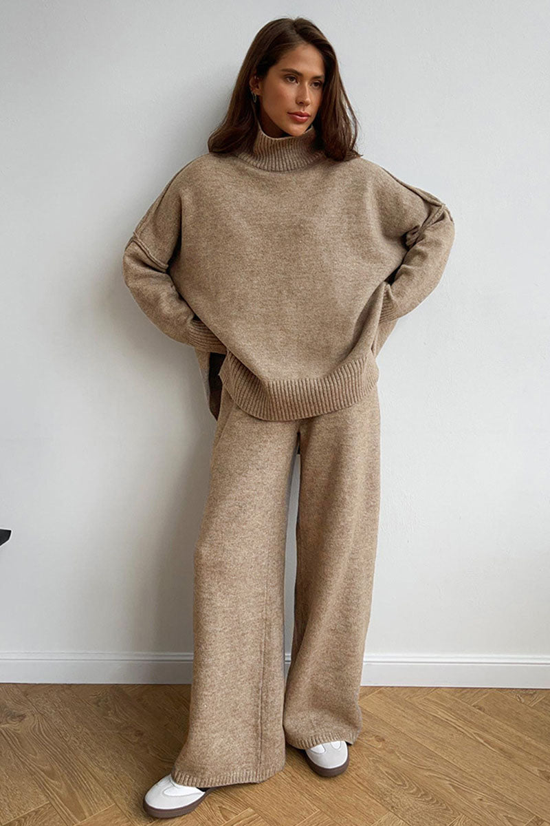 Turtleneck Split Sweater Loose Knit Pants Set