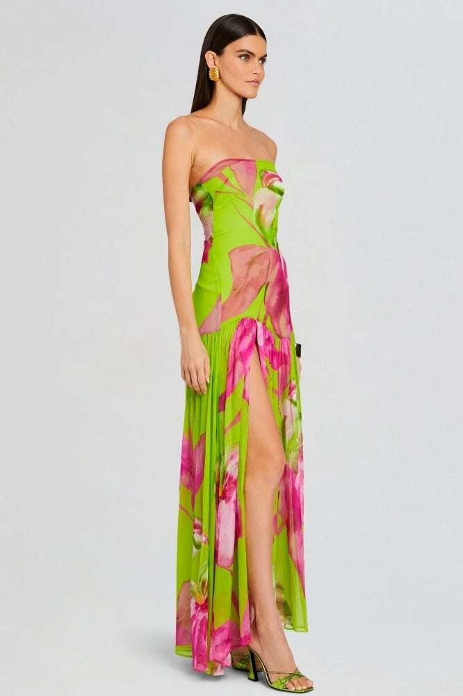 Pam Printed Stroppeløs Slit Maxi Dress