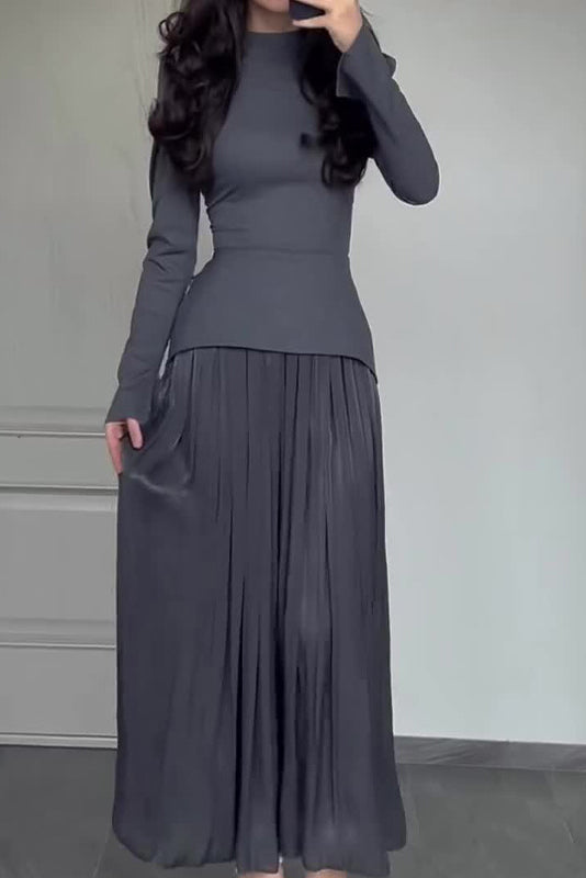 Color Block Splicing Slim Fit Lace-Up Long Sleeve Maxi Dress