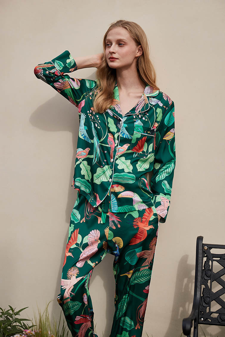 Green Parrot Print Silk Pajama Set