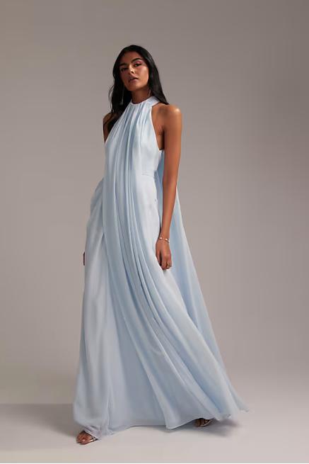 Vestido Maxi Halter Draped Griego en Azul Claro