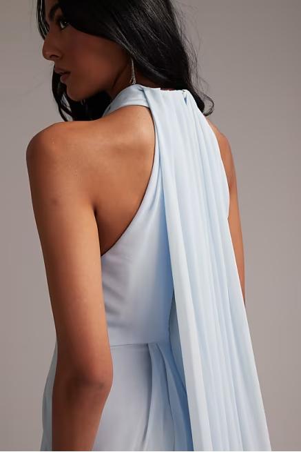 Vestido Maxi Halter Draped Griego en Azul Claro