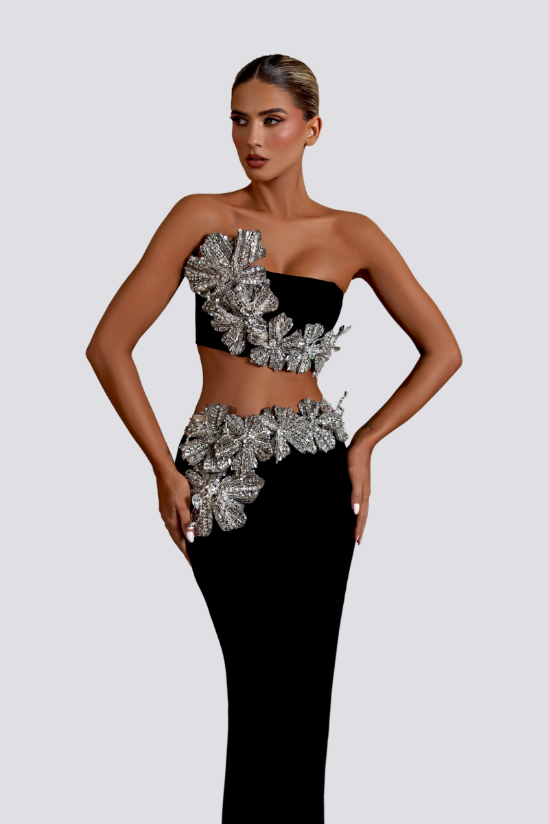 Conjunto de saia floral sem alças Allese com strass