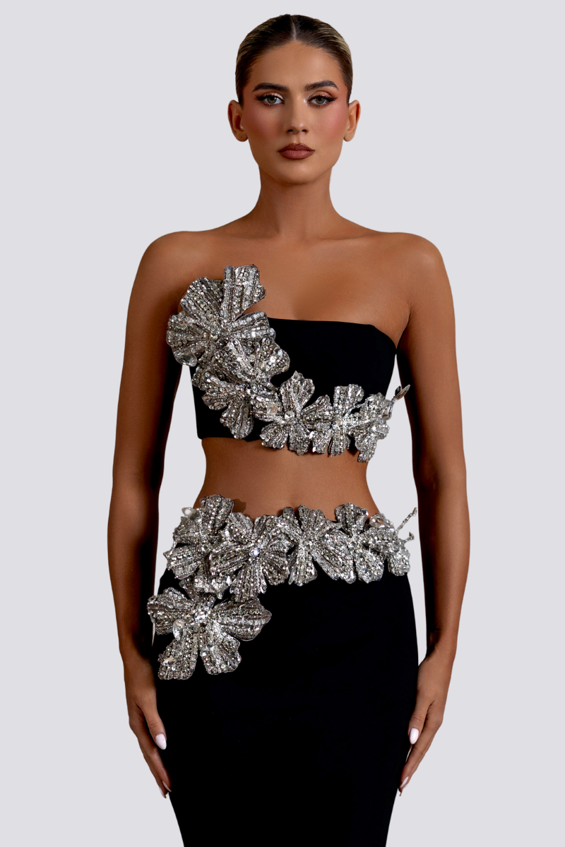 Ensemble jupe bustier à strass et fleurs Allese