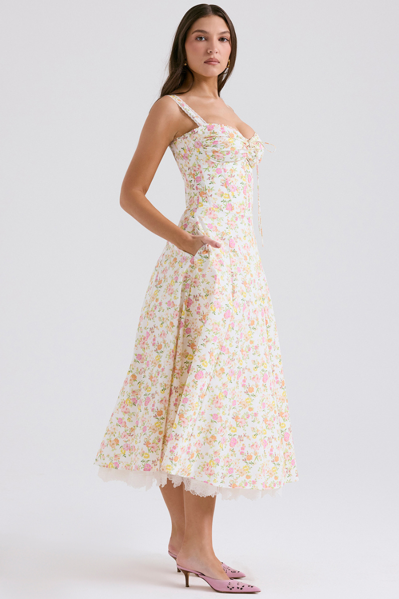 Athenais Blummen Ruched Maxi Kleed