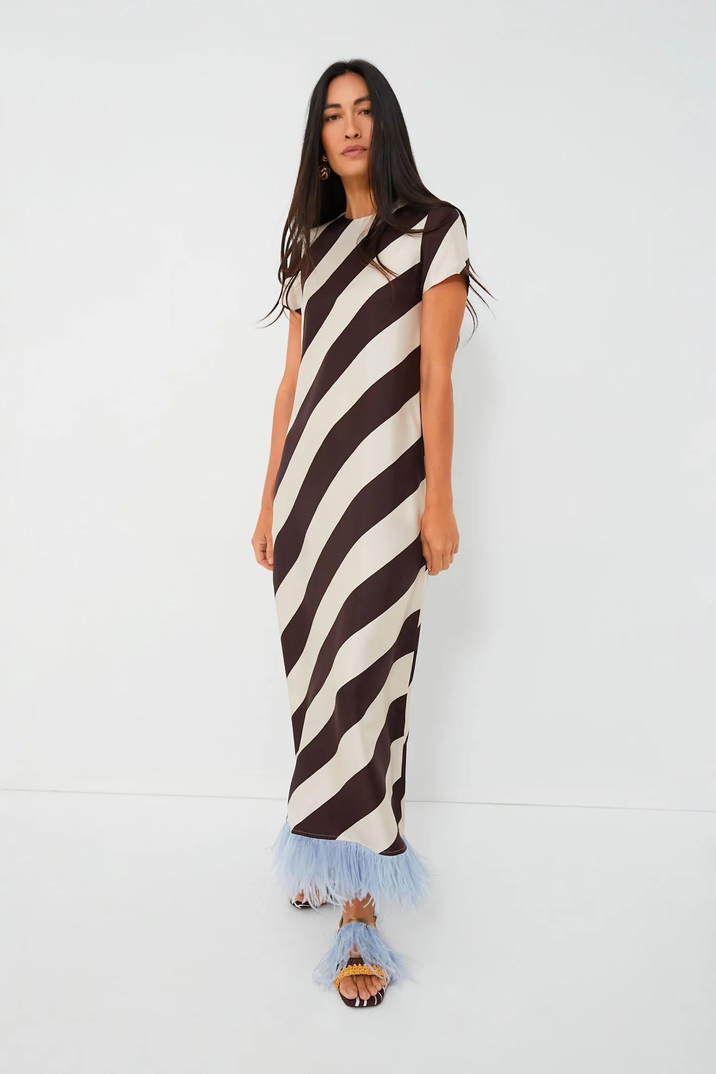 Feather Trim Diagonal Striped Maxi Dress