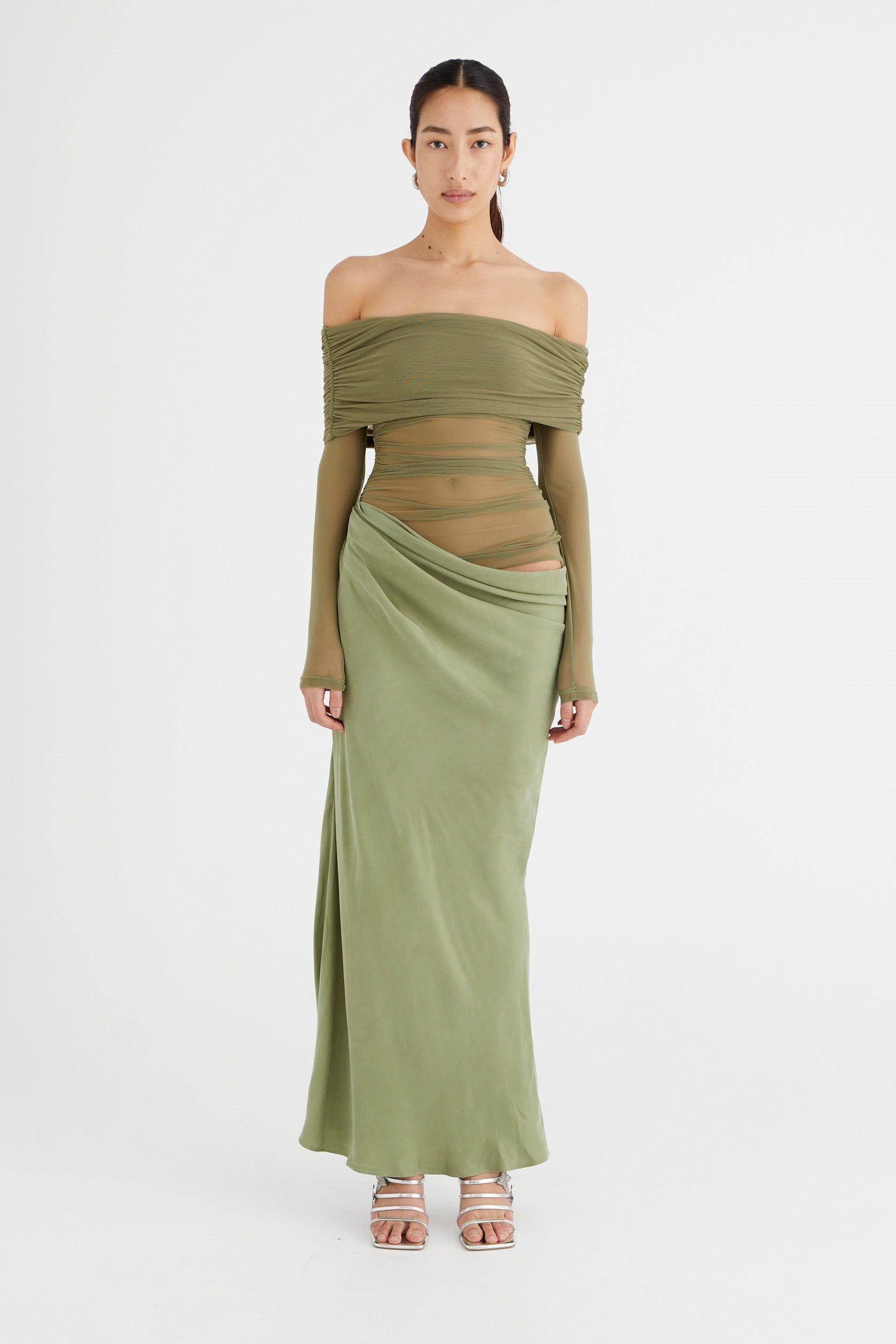 Lillian Off Shoulder Transparante Maxi Mesh Jurk