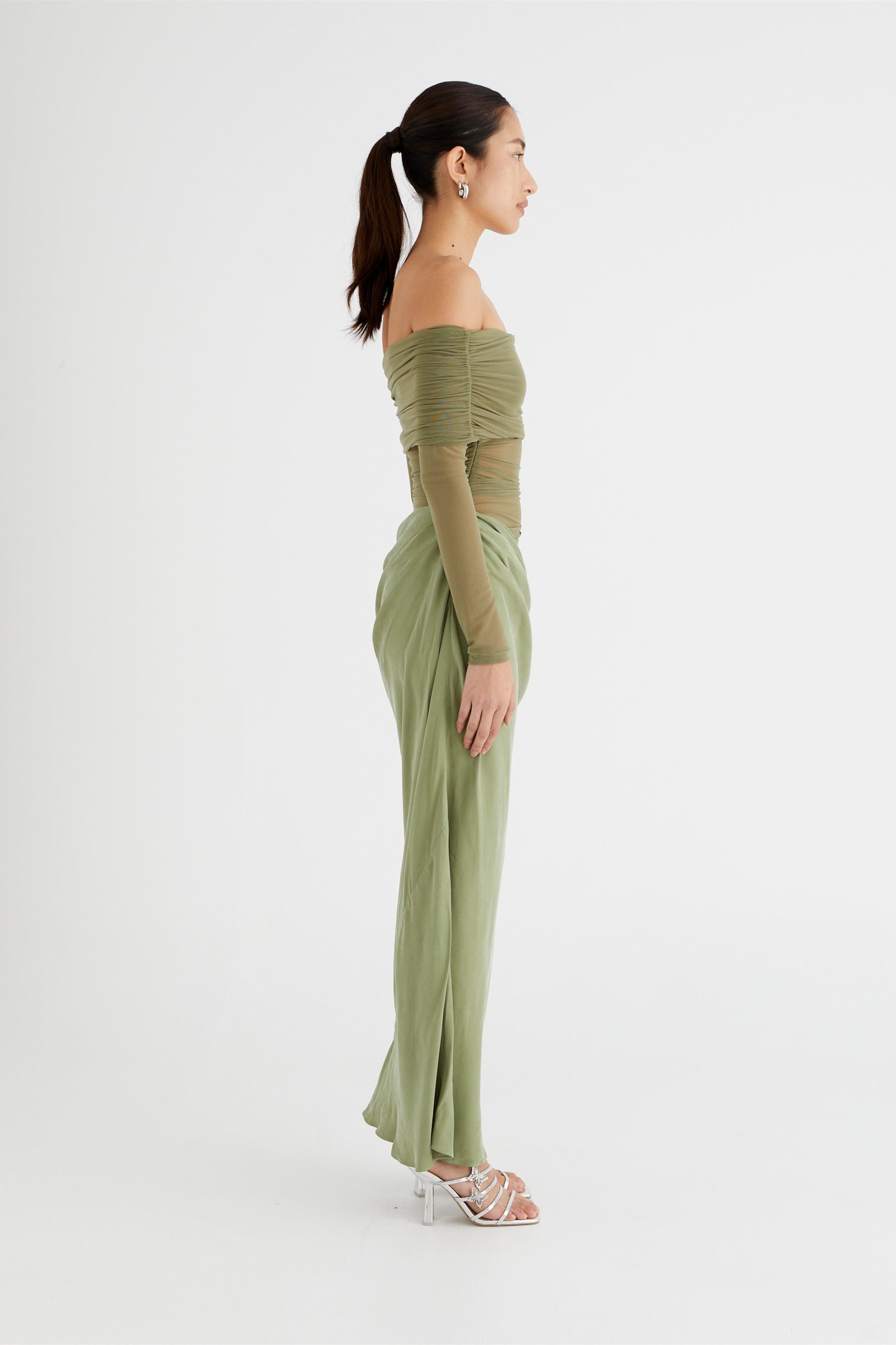 Lillian Off Shoulder Transparante Maxi Mesh Jurk