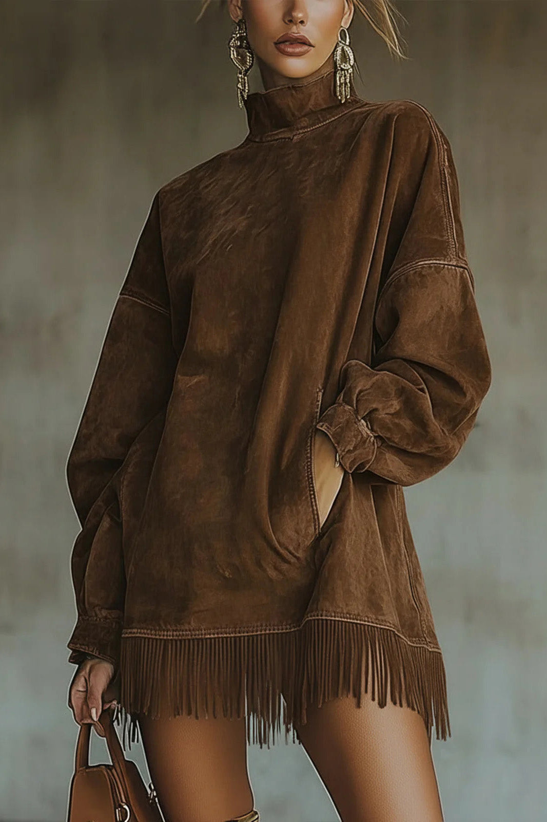 Faux Suede Turtleneck Dress With Fringe Hem