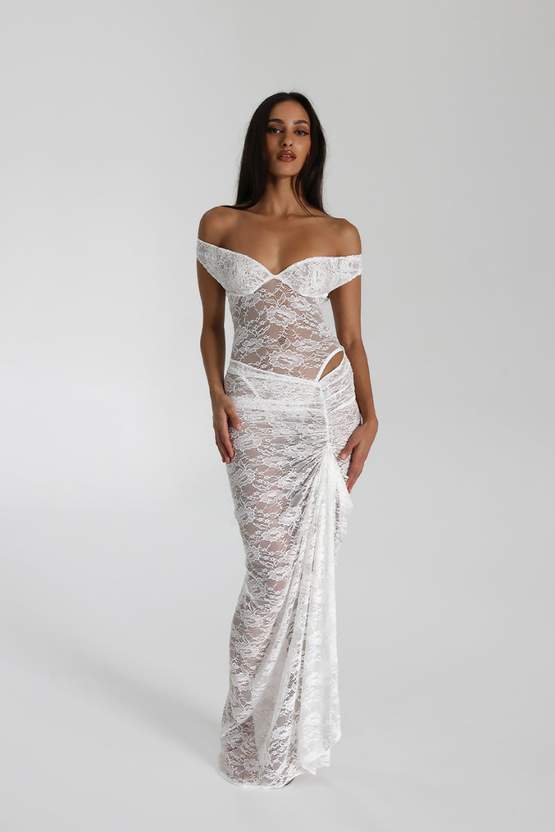 Christelle Off Shoulder Blonde Nederdel Sæt i Hvid