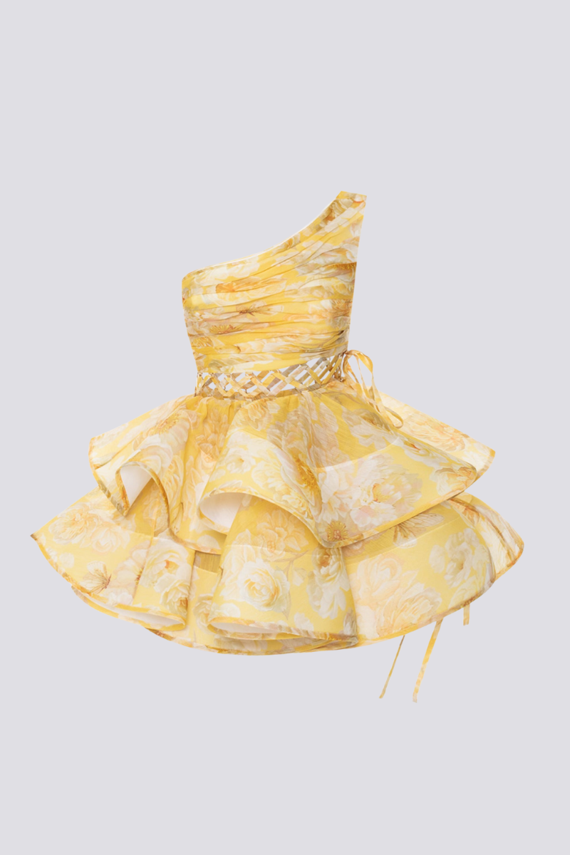 Cora - Robe courte asymétrique à volants et découpes - Jaune