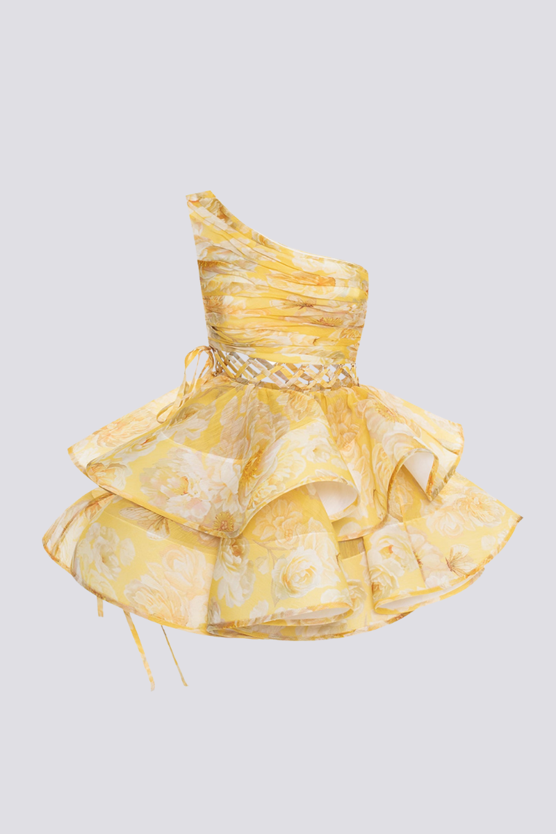 Cora - Robe courte asymétrique à volants et découpes - Jaune