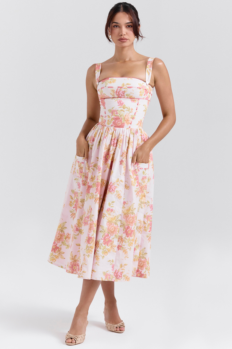 Midi šaty Cybèle Peach Poppy Print