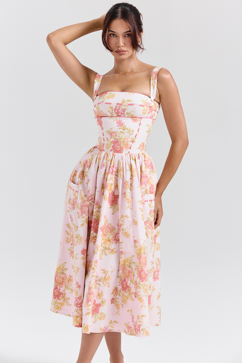 Cybèle Peach Poppy Print Midi-kjole