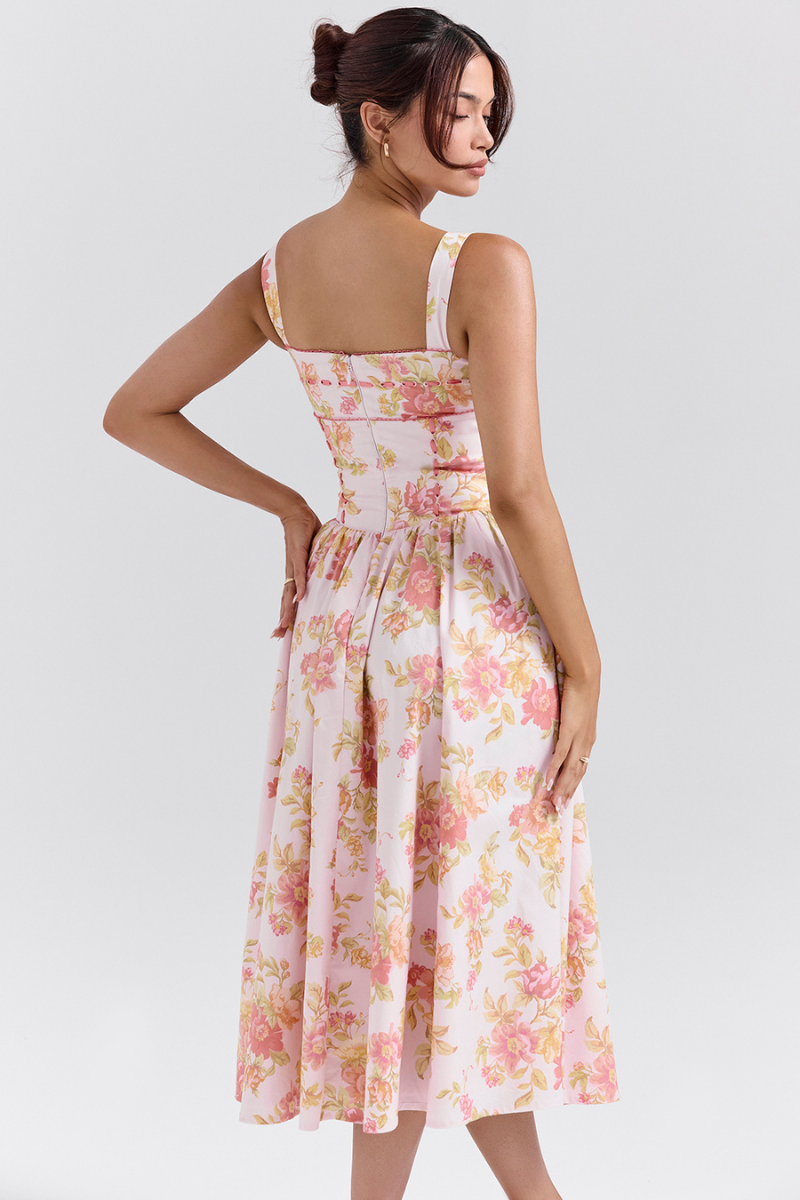 Cybèle Peach Poppy Print Midi Kleed