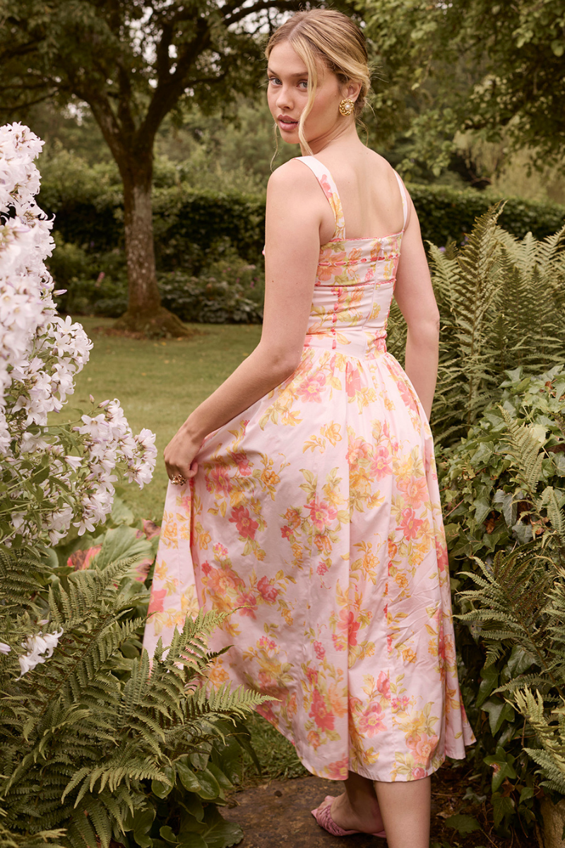 Vestido midi con estampado de amapolas y melocotón de Cybèle