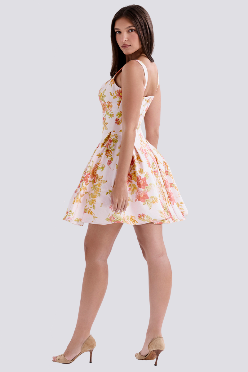 Cynthia Peach Poppy Print Mini Kleed