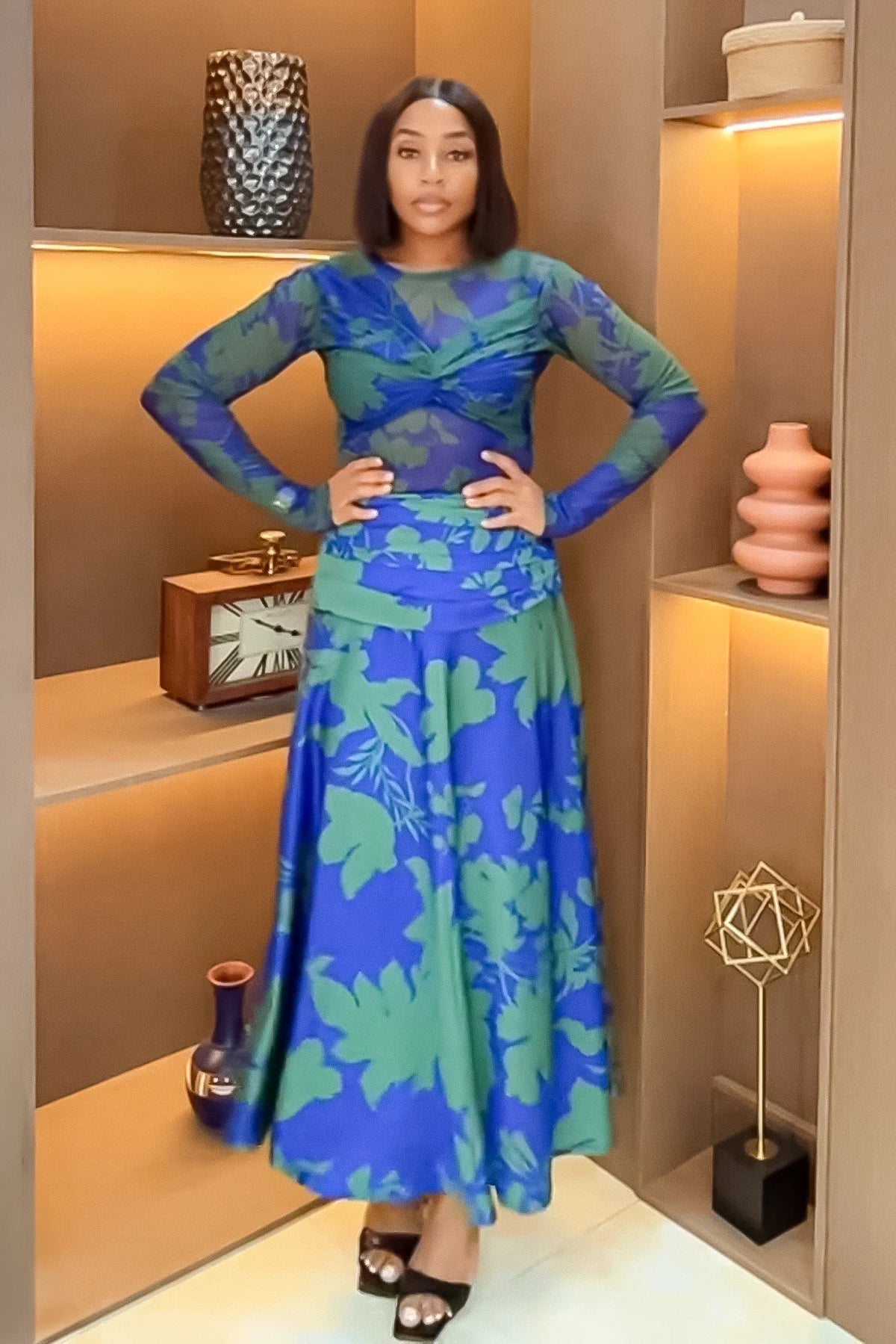 Blau-grünes Blumenmuster Netz Langarm Rock-Set