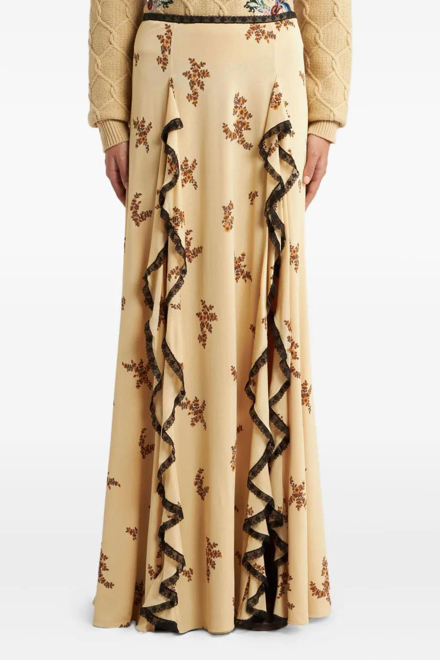 Floral Printed Ruffled Lace Trim Maxi Skirt