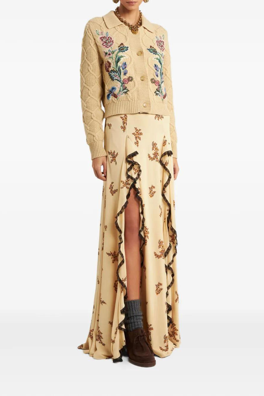 Floral Printed Ruffled Lace Trim Maxi Skirt