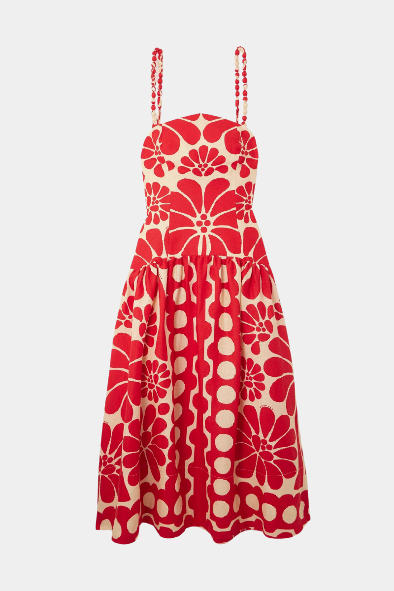 Élisabeth – Rotes Spaghetti-Maxikleid mit Blumenmuster