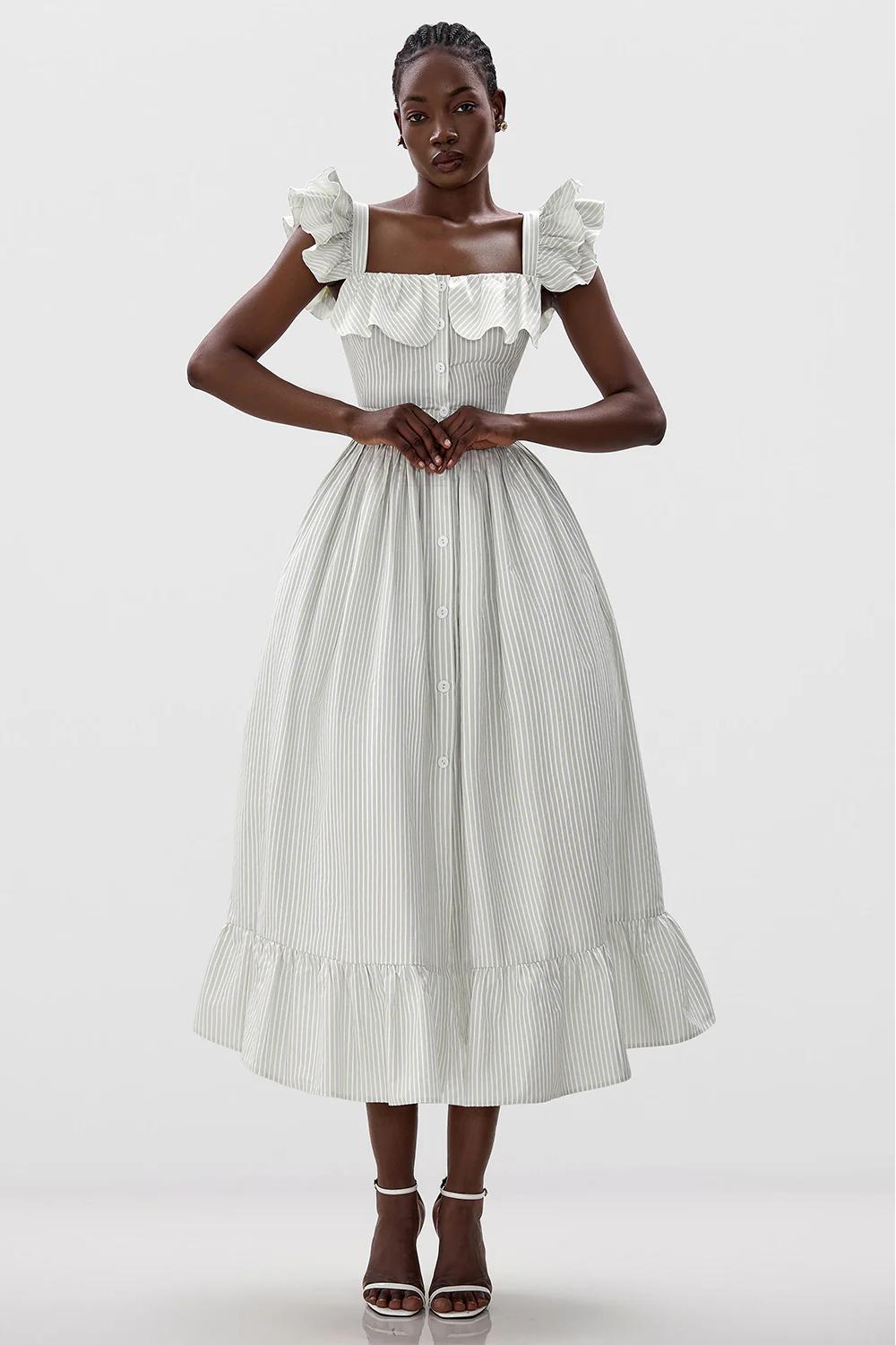 Striped Ruffled Square Neck Midi Dress