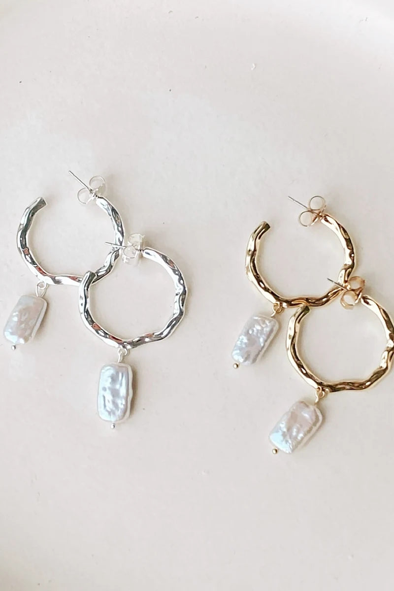 Beaten Metal Pearl Drop Hoops - Silver/Cream