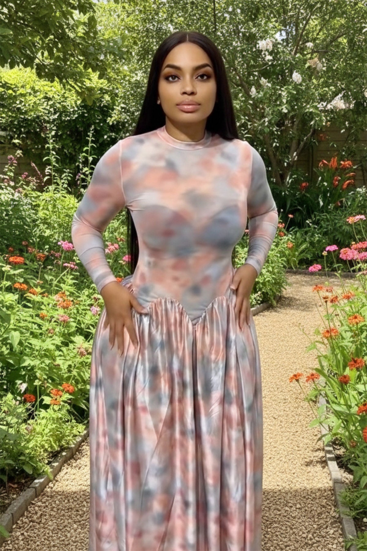 Ethereal Pink Mesh Pleated Maxi Dress