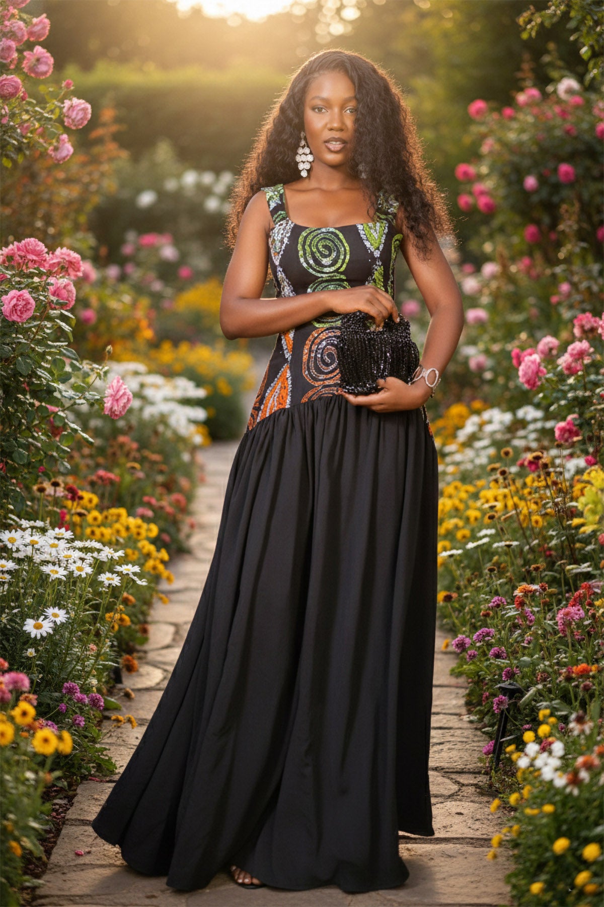 Lank Kleed mat héijem Hals, marmerfaarwege Muster a ausgestalltem, laange Rock