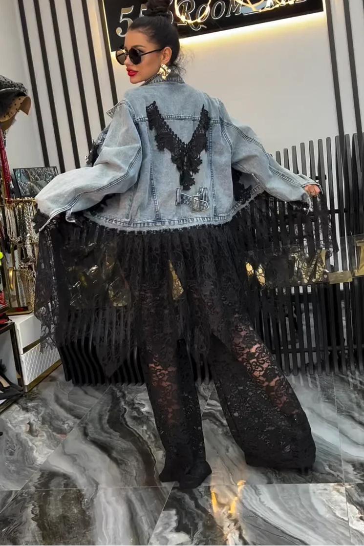 Lace Trimmed Distressed Denim Jacket