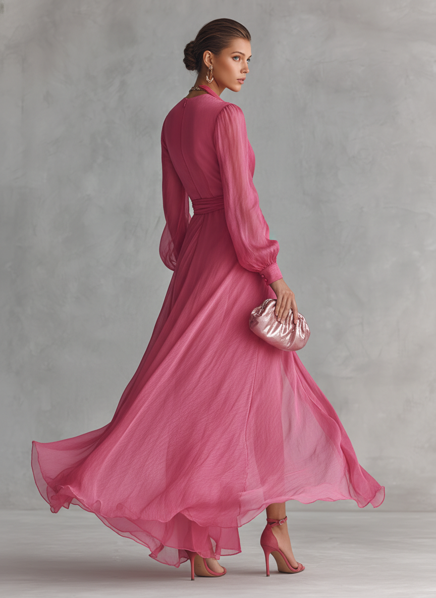 Elegante Perlen-Chiffon Maxi-Kleed mat V-Ausschnëtt