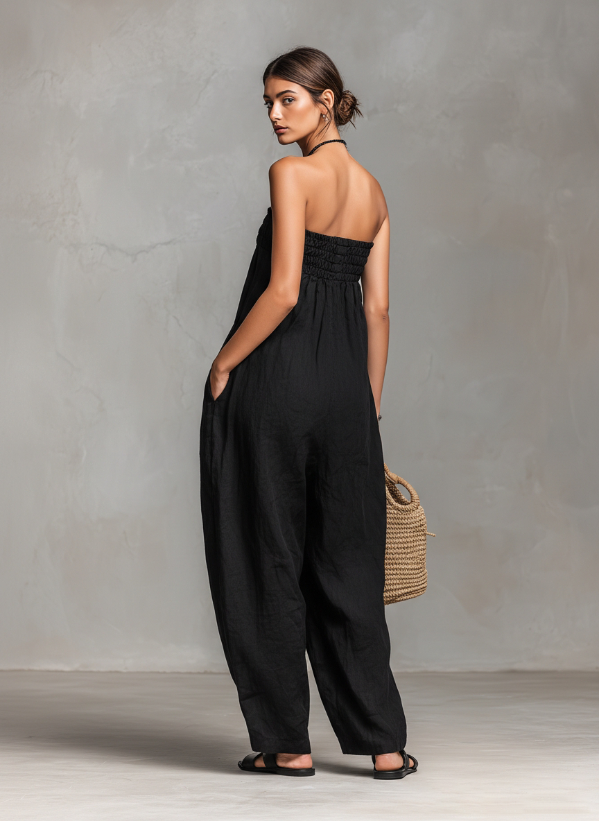 Locker geschnidden Jumpsuit ouni Träger aus Leinen-Mëschung mat Bindung