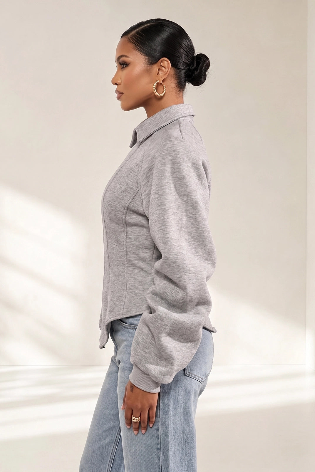 Grey Corset Waist Zip Up Jacket