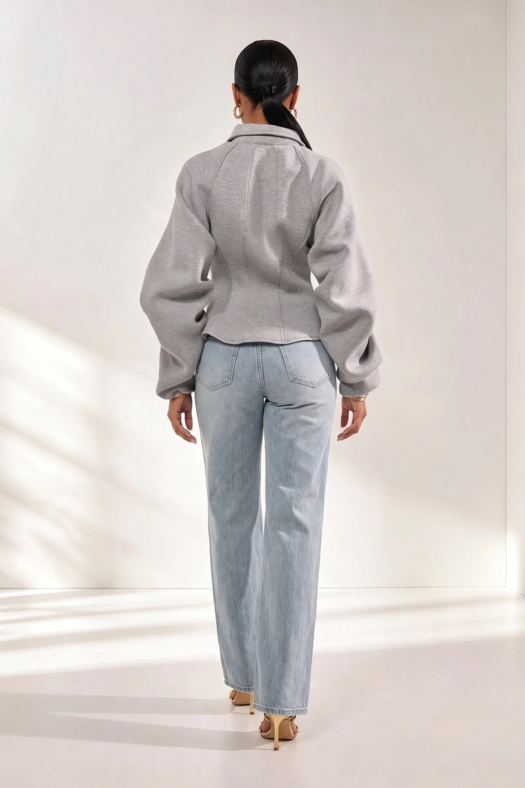 Grey Corset Waist Zip Up Jacket