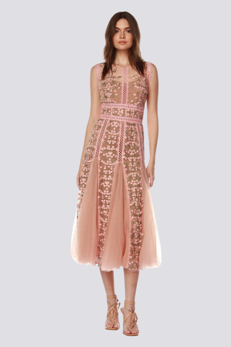 Abito midi ricamato in rete con scollo tondo Maëlle in beige