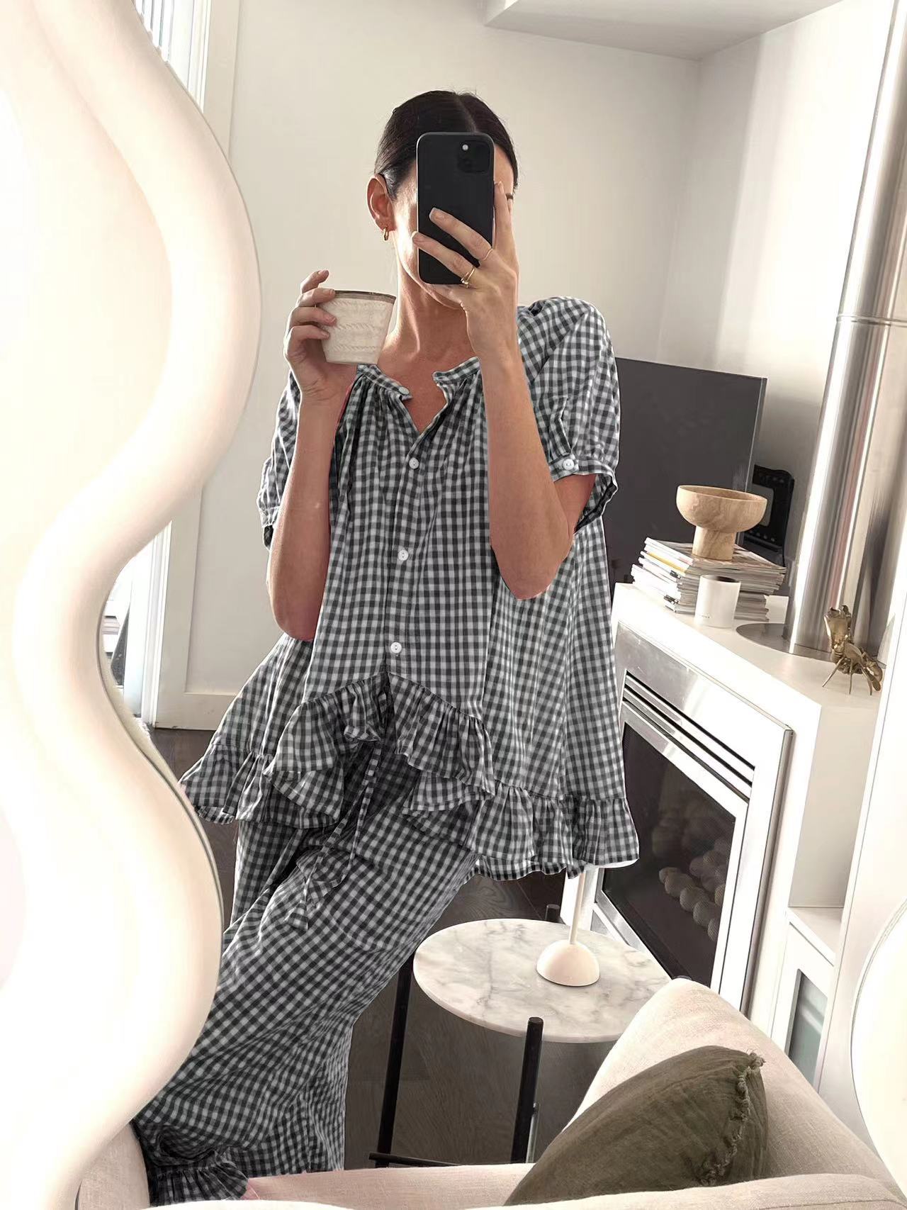 Casual Ruffled Plaid Print Shirt Pajama Set