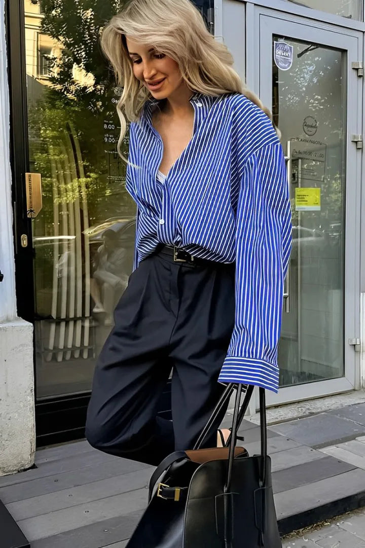 Patchwork Striped Loose Long Sleeve Blouse