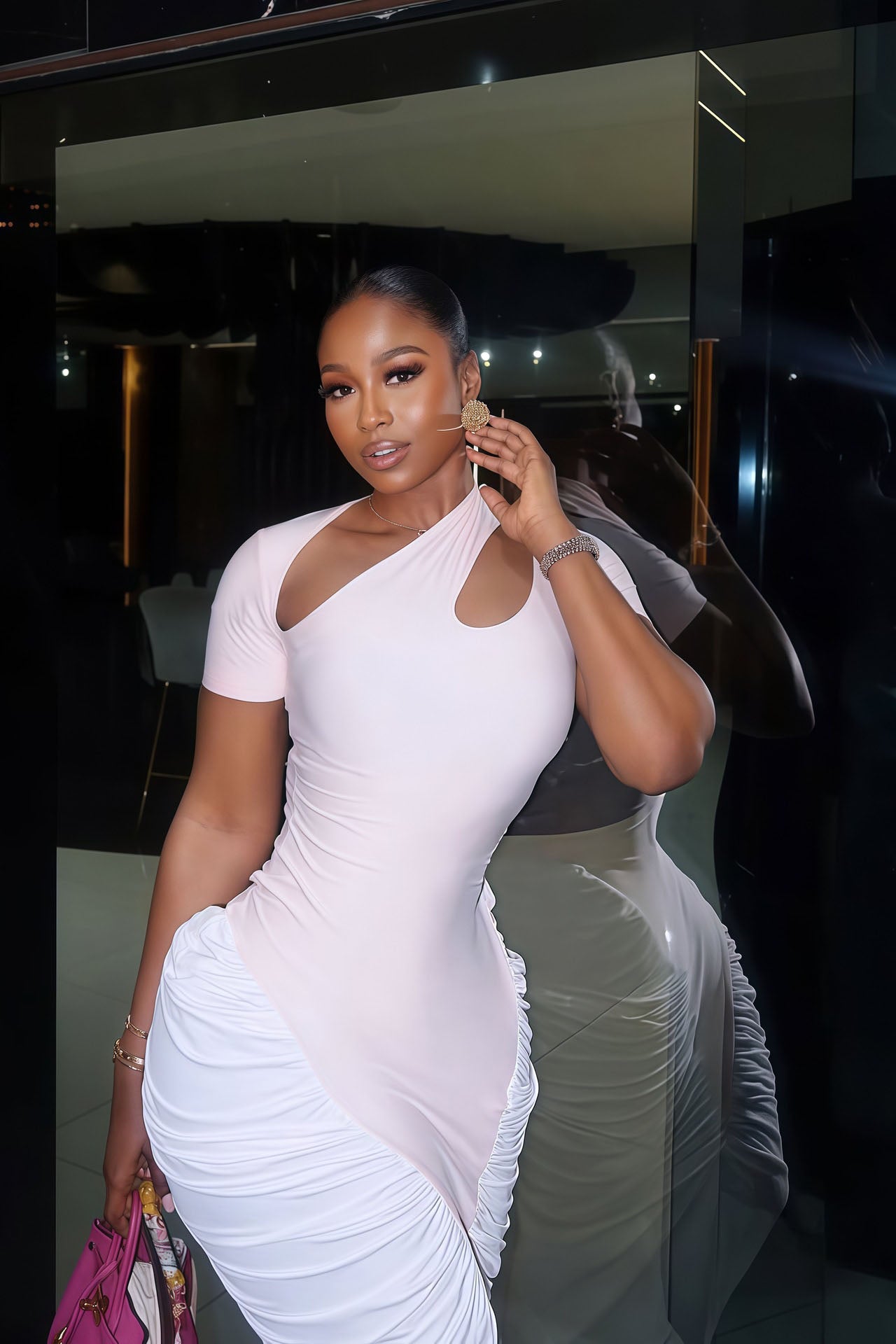 Λευκό Μακρύ Φόρεμα Bodycon με Σούρες και Ανοίγματα