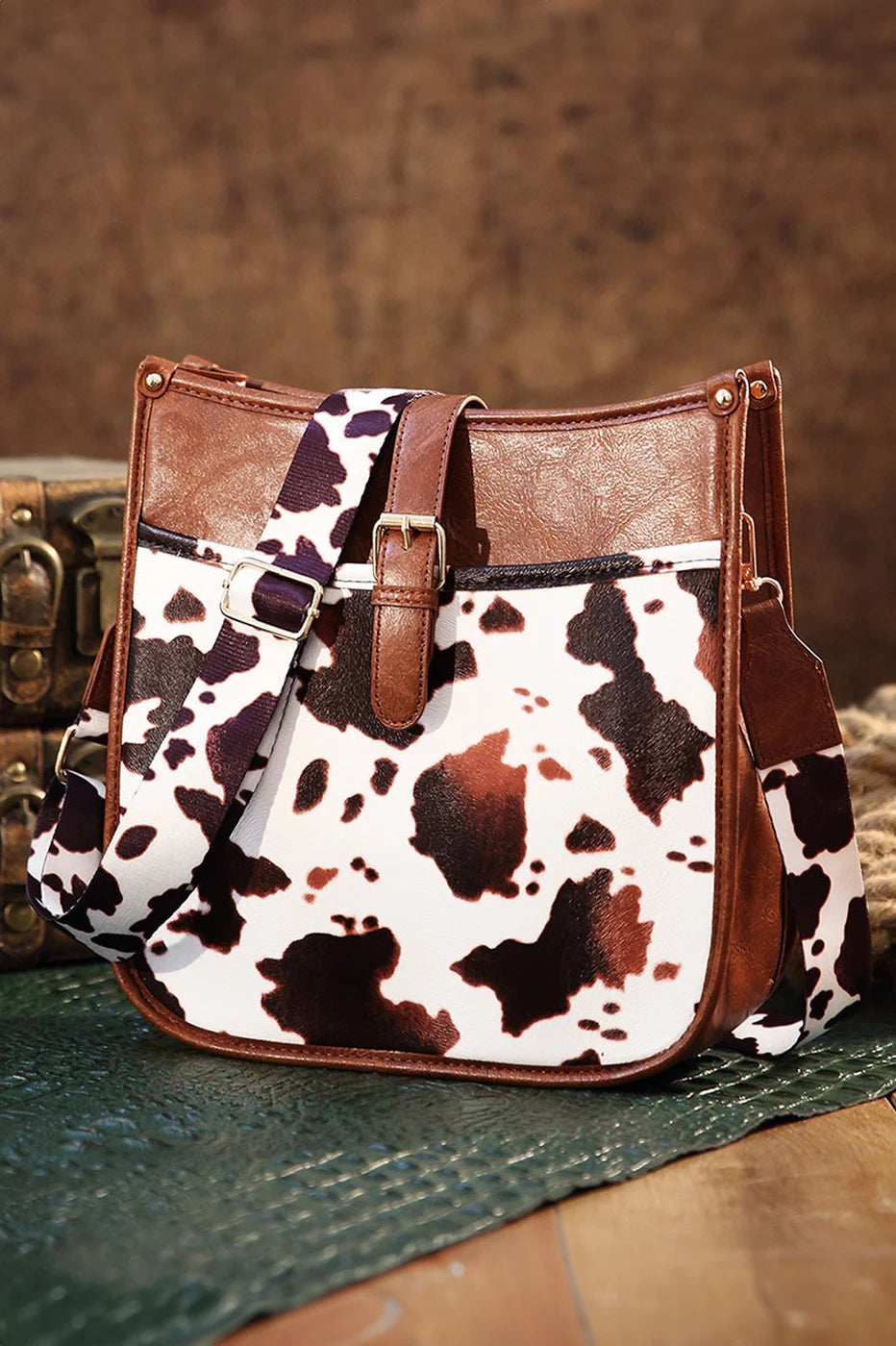 Borsa a tracolla con stampa mucca marrone stile cowboy occidentale