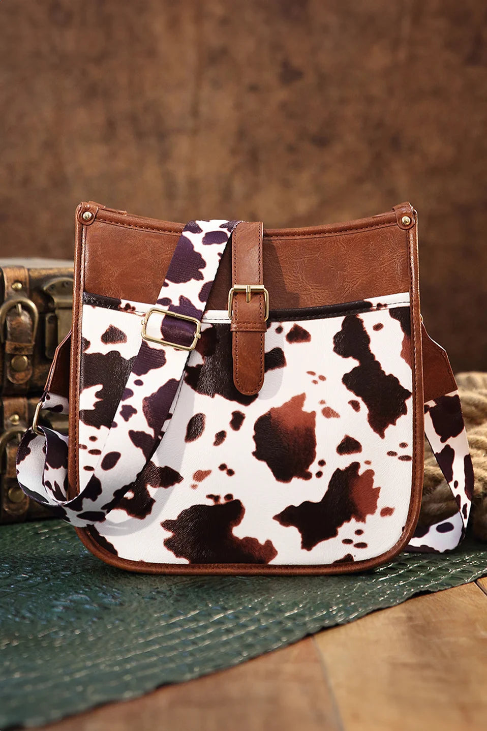 Borsa a tracolla con stampa mucca marrone stile cowboy occidentale